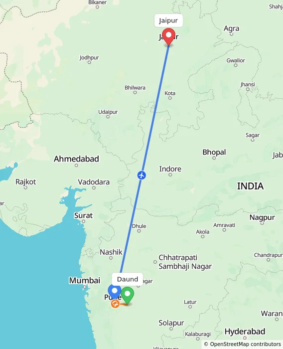 Route map showing distance and travel time from Daund, India to Jaipur, India