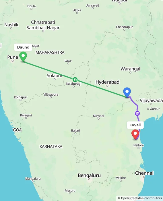 Route map showing distance and travel time from Daund, India to Kavali, India