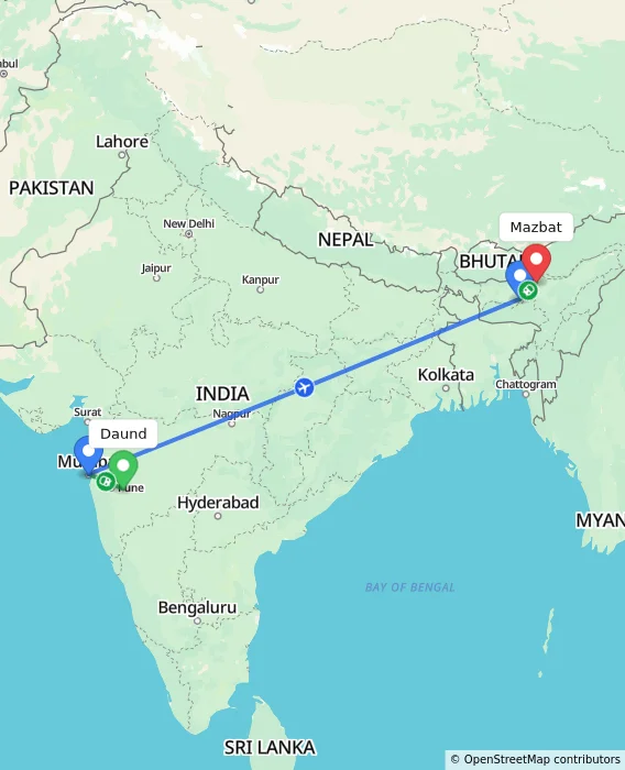 Route map showing distance and travel time from Daund, India to Mazbat, India