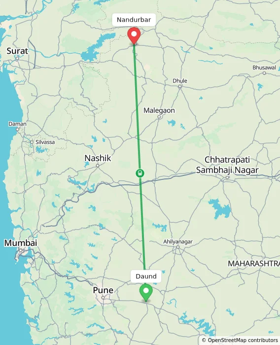 Route map showing distance and travel time from Daund, India to Nandurbar, India