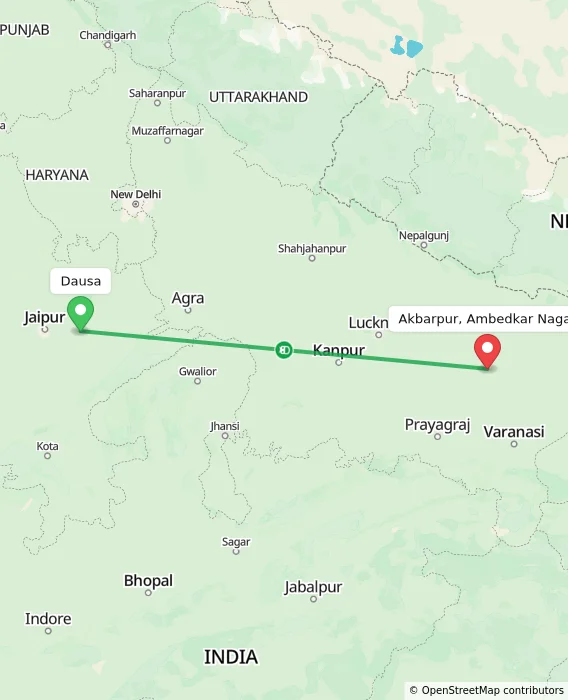 Route map showing distance and travel time from Dausa, India to Akbarpur, Ambedkar Nagar, India