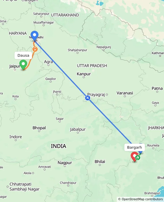 Route map showing distance and travel time from Dausa, India to Bargarh, India