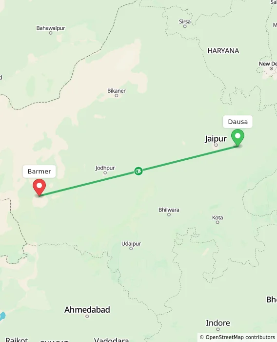 Route map showing distance and travel time from Dausa, India to Barmer, India