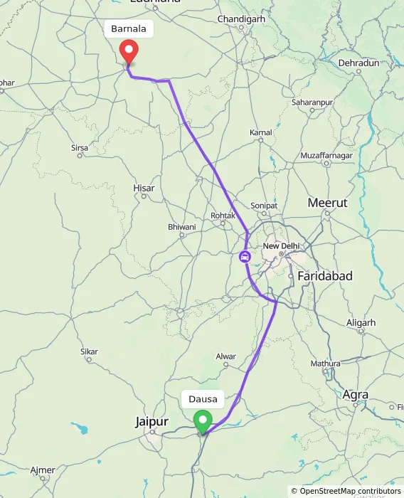 Route map showing distance and travel time from Dausa, India to Barnala, India