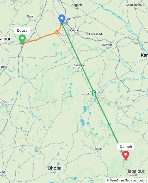 Route map showing distance and travel time from Dausa, India to Damoh, India