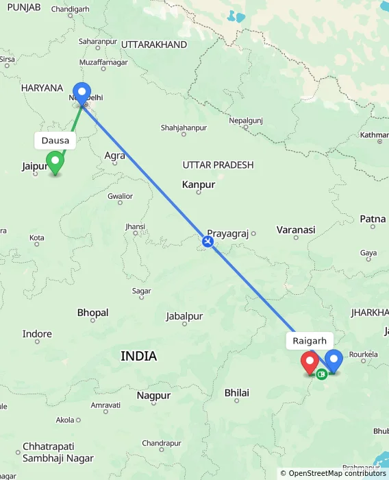 Route map showing distance and travel time from Dausa, India to Raigarh, India
