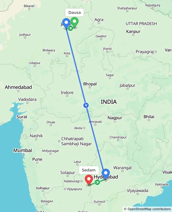 Route map showing distance and travel time from Dausa, India to Sedam, India