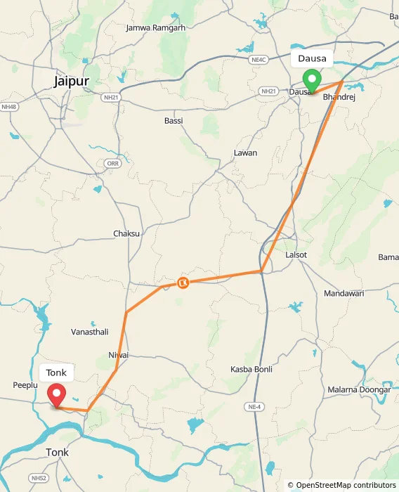 Route map showing distance and travel time from Dausa, India to Tonk, India