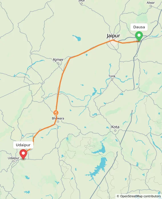 Route map showing distance and travel time from Dausa, India to Udaipur, India