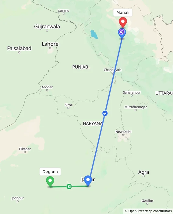 Route map showing distance and travel time from Degana, India to Manali, India