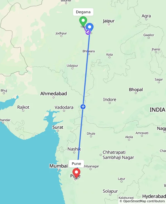 Route map showing distance and travel time from Degana, India to Pune, India