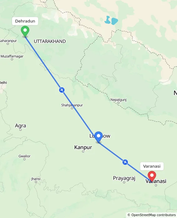 Route map showing distance and travel time from Dehradun, India to Varanasi, India