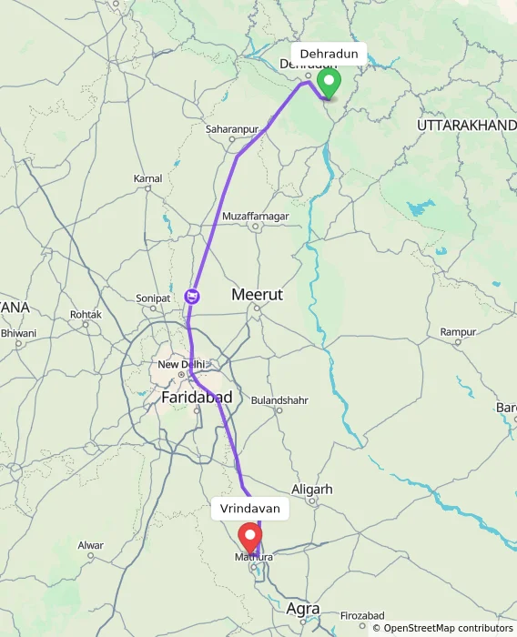 Route map showing distance and travel time from Dehradun, India to Vrindavan, India