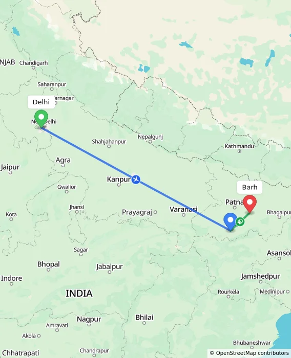 Route map showing distance and travel time from Delhi, India to Barh, India