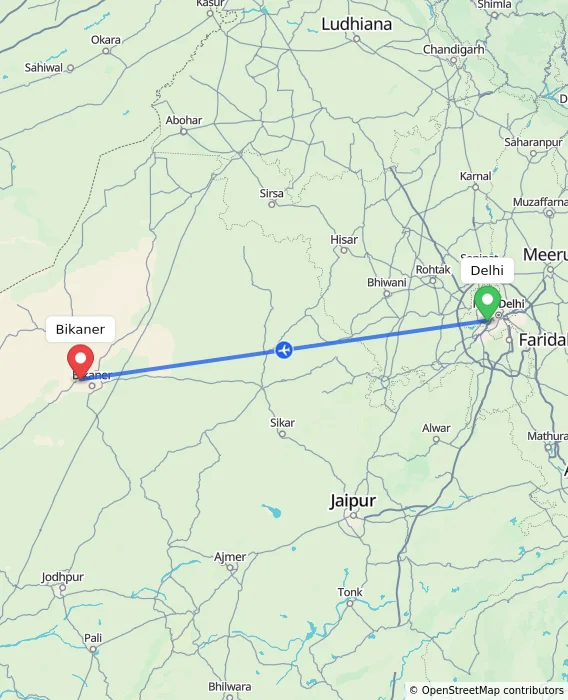 Route map showing distance and travel time from Delhi, India to Bikaner, India