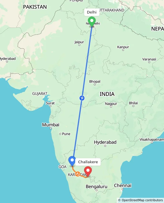 Route map showing distance and travel time from Delhi, India to Challakere, India