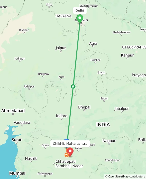 Route map showing distance and travel time from Delhi, India to Chikhli, Maharashtra, India