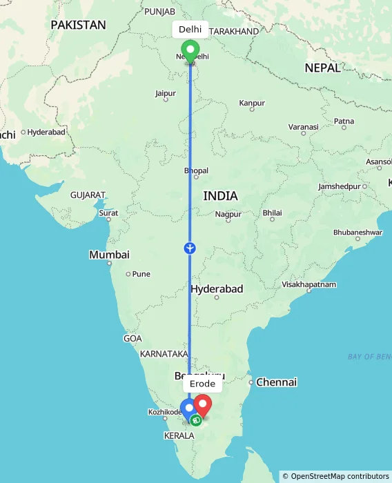 Route map showing distance and travel time from Delhi, India to Erode, India