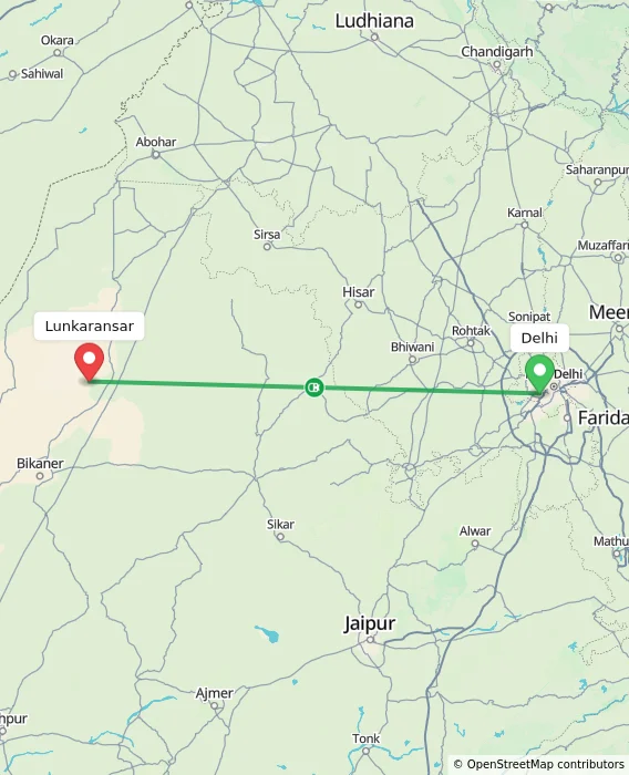 Route map showing distance and travel time from Delhi, India to Lunkaransar, India