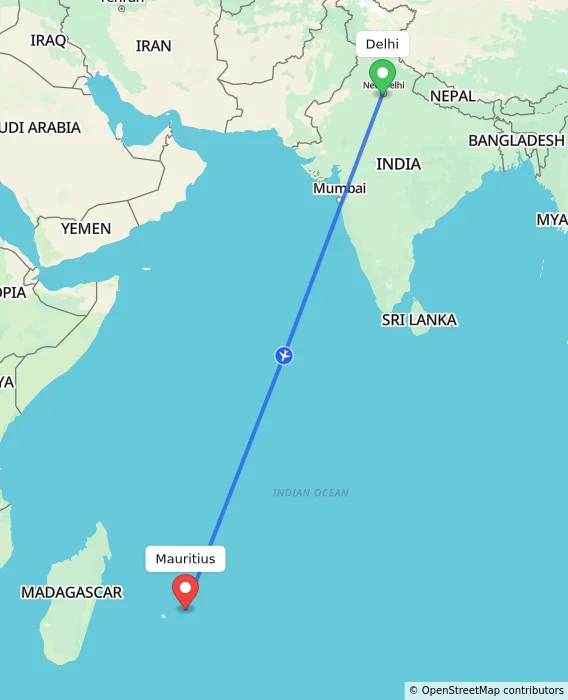 Route map showing distance and travel time from Delhi, India to Mauritius, Mauritius