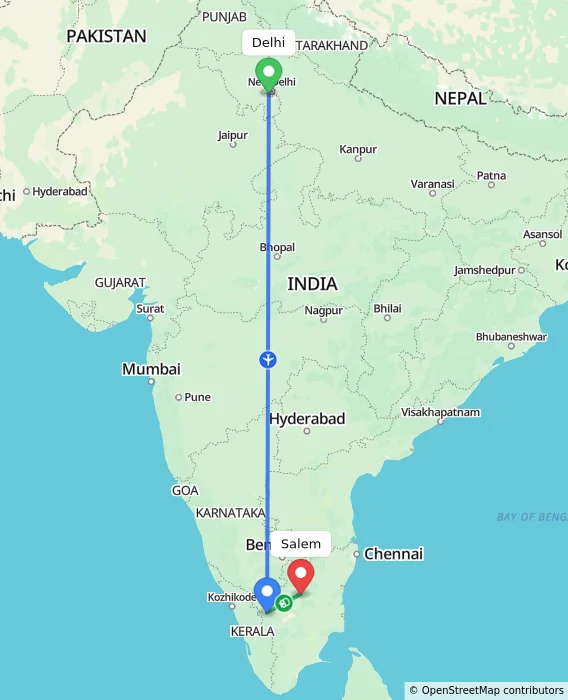 Route map showing distance and travel time from Delhi, India to Salem, India