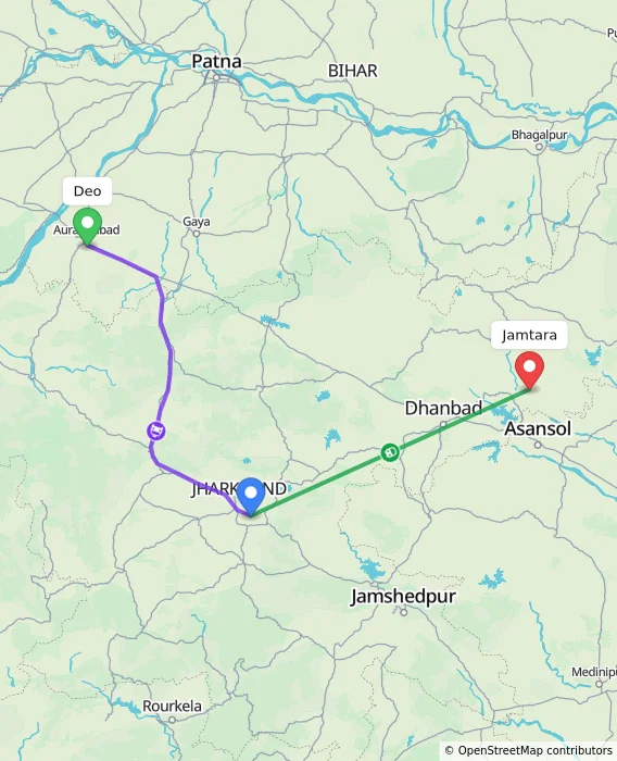 Route map showing distance and travel time from Deo, India to Jamtara, India
