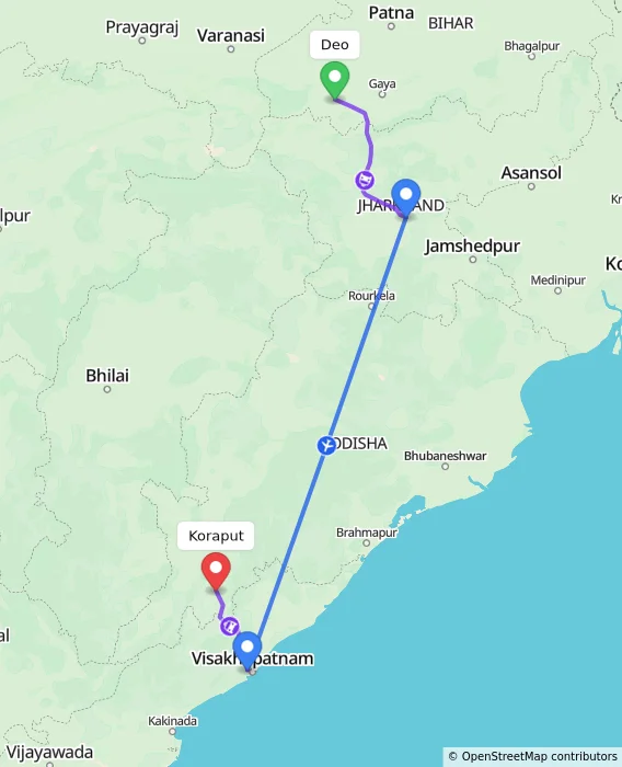 Route map showing distance and travel time from Deo, India to Koraput, India