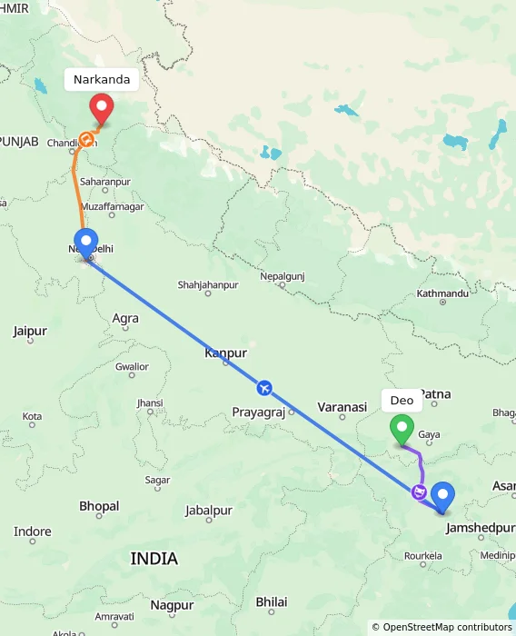 Route map showing distance and travel time from Deo, India to Narkanda, India