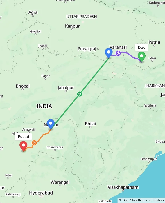 Route map showing distance and travel time from Deo, India to Pusad, India