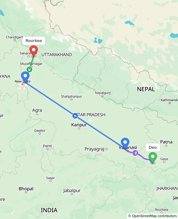 Route map showing distance and travel time from Deo, India to Roorkee, India