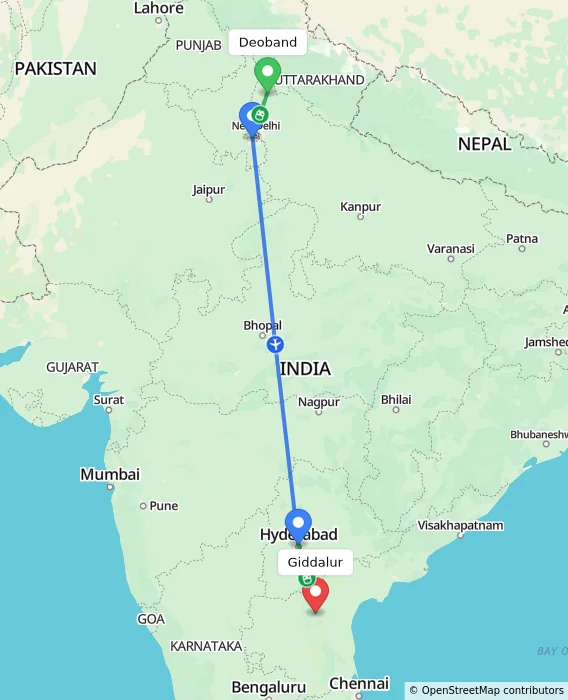 Route map showing distance and travel time from Deoband, India to Giddalur, India