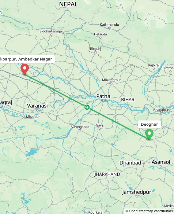 Route map showing distance and travel time from Deoghar, India to Akbarpur, Ambedkar Nagar, India