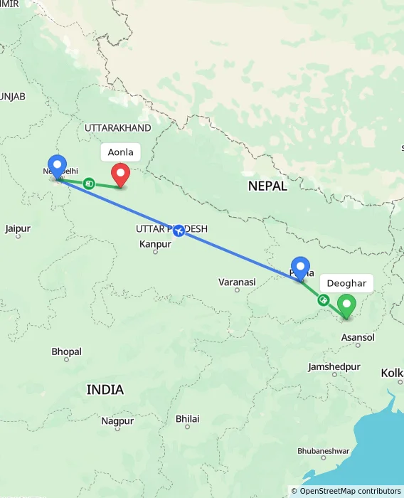 Route map showing distance and travel time from Deoghar, India to Aonla, India