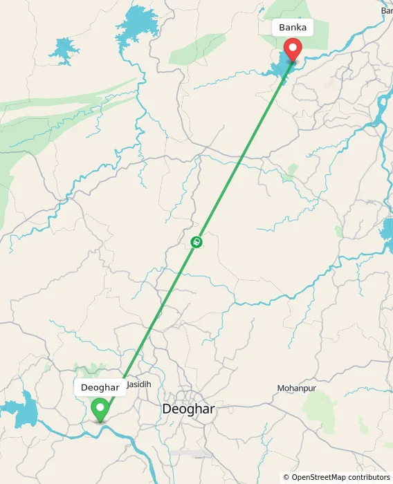 Route map showing distance and travel time from Deoghar, India to Banka, India