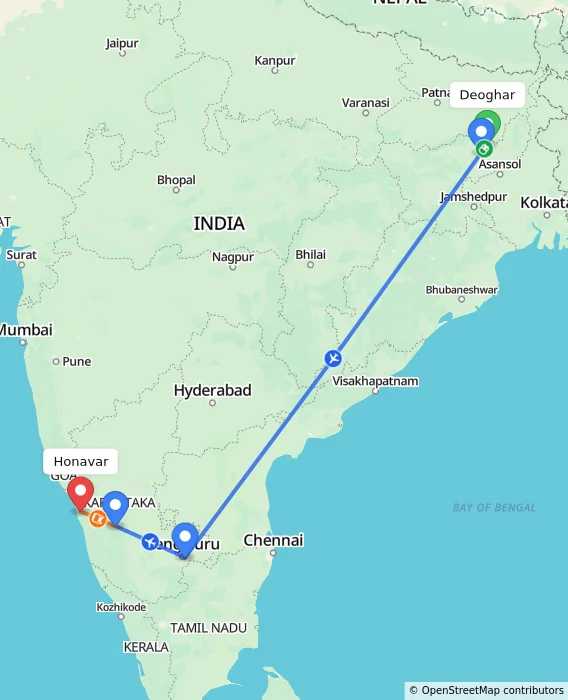 Route map showing distance and travel time from Deoghar, India to Honavar, India