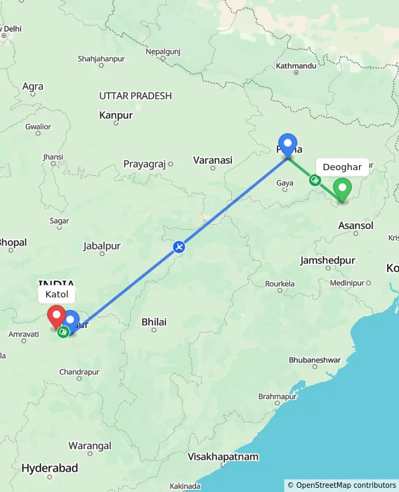 Route map showing distance and travel time from Deoghar, India to Katol, India