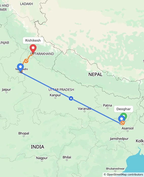 Route map showing distance and travel time from Deoghar, India to Rishikesh, India