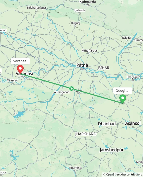 Route map showing distance and travel time from Deoghar, India to Varanasi, India