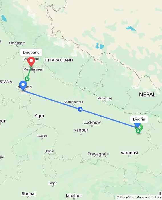 Route map showing distance and travel time from Deoria, India to Deoband, India