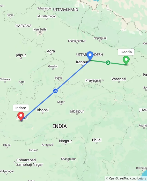 Route map showing distance and travel time from Deoria, India to Indore, India