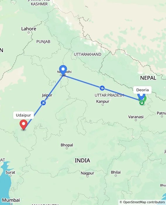 Route map showing distance and travel time from Deoria, India to Udaipur, India