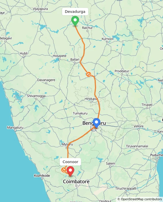 Route map showing distance and travel time from Devadurga, India to Coonoor, India