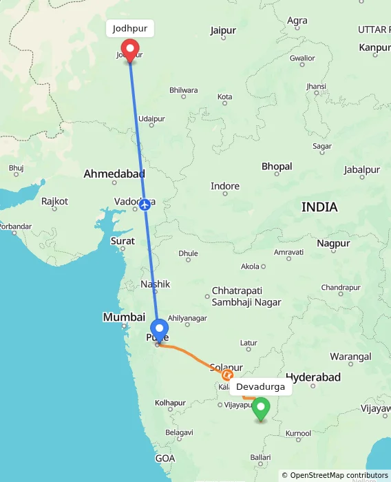 Route map showing distance and travel time from Devadurga, India to Jodhpur, India
