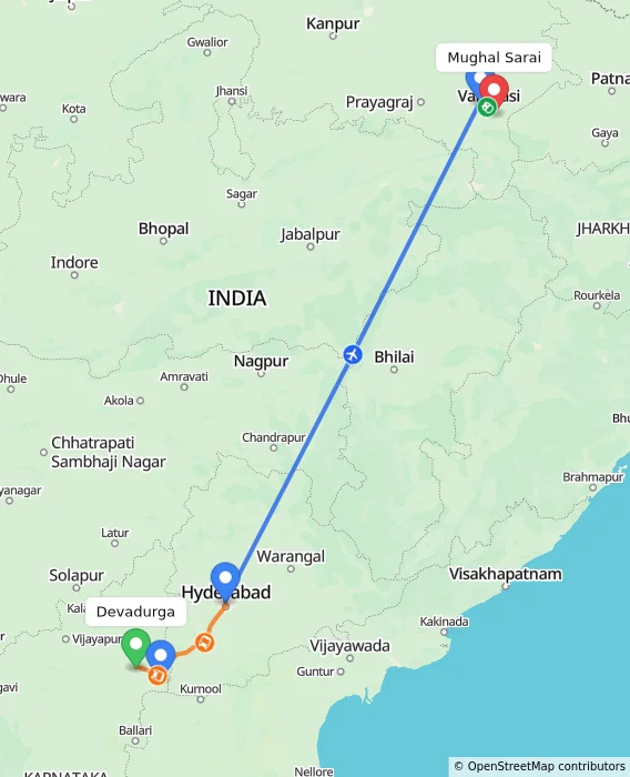 Route map showing distance and travel time from Devadurga, India to Mughal Sarai, India