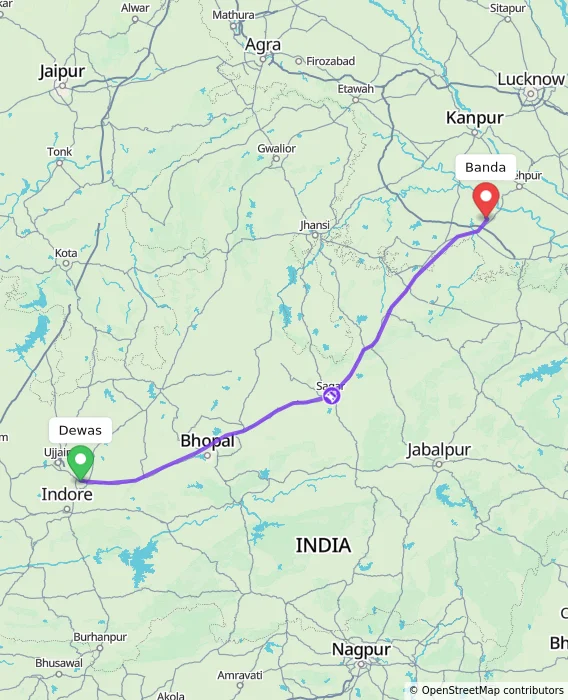 Route map showing distance and travel time from Dewas, India to Banda, India