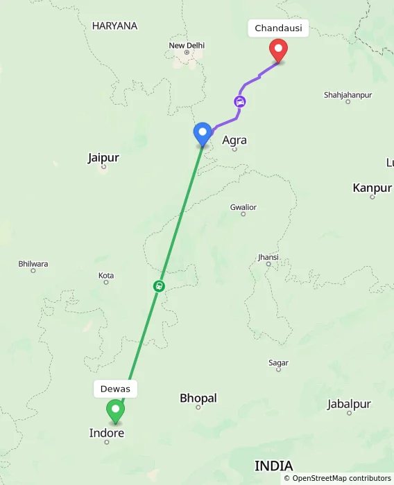 Route map showing distance and travel time from Dewas, India to Chandausi, India