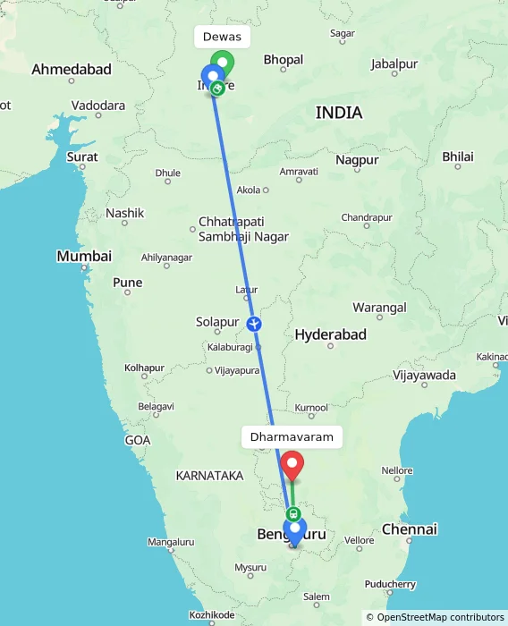 Route map showing distance and travel time from Dewas, India to Dharmavaram, India