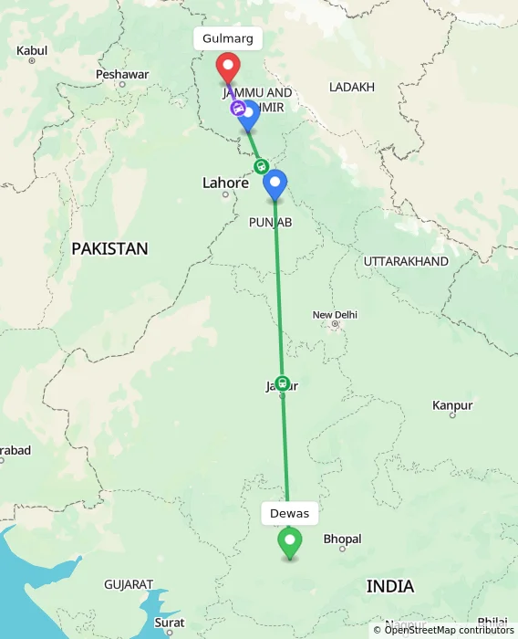 Route map showing distance and travel time from Dewas, India to Gulmarg, India