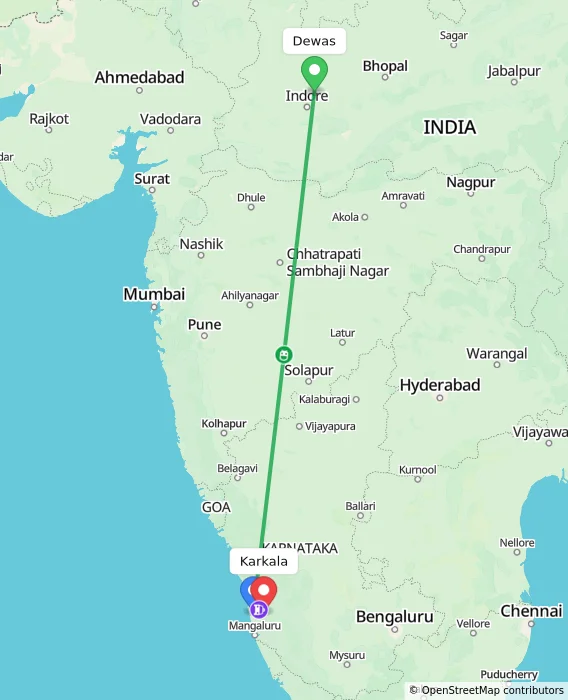 Route map showing distance and travel time from Dewas, India to Karkala, India