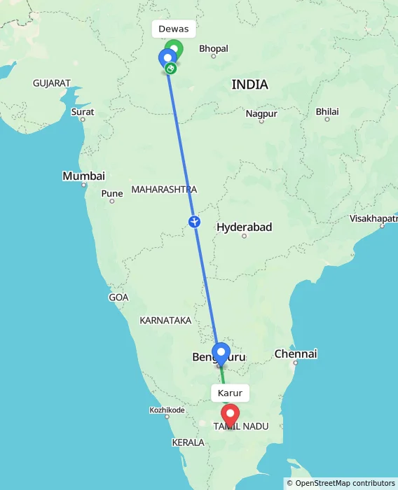 Route map showing distance and travel time from Dewas, India to Karur, India
